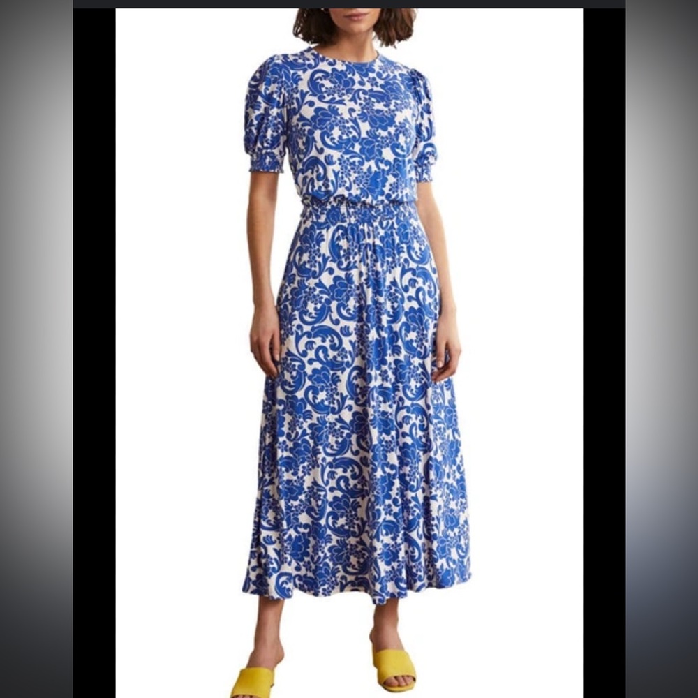 Boden Sophia Blue and White Smocked A-Line Midi Skirt